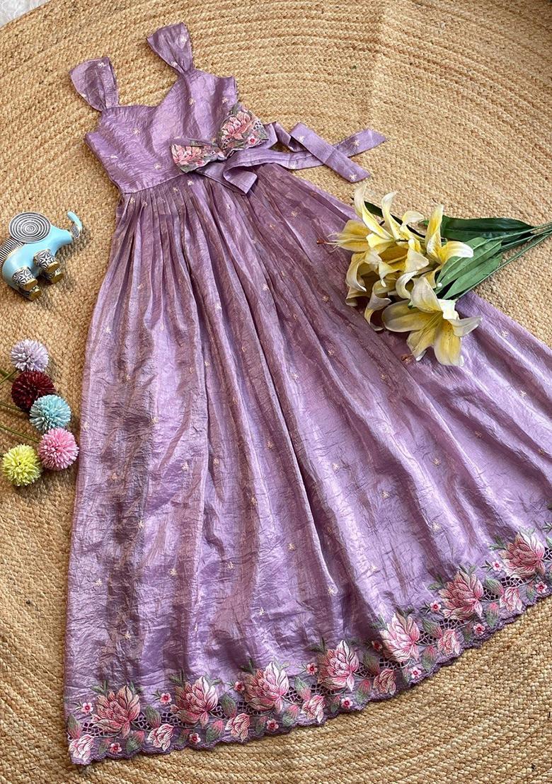 Blue Embroidered Silk Gown For Girls - Indya