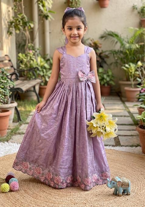 Blue Embroidered Silk Gown For Girls
