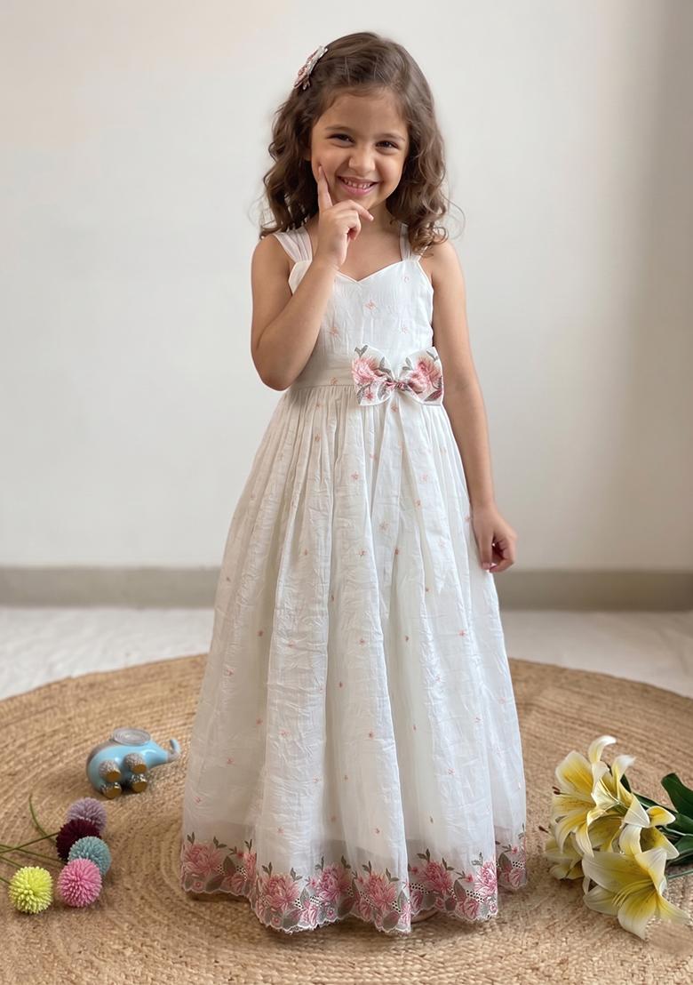 White Embroidered Silk Gown For Girls - Indya