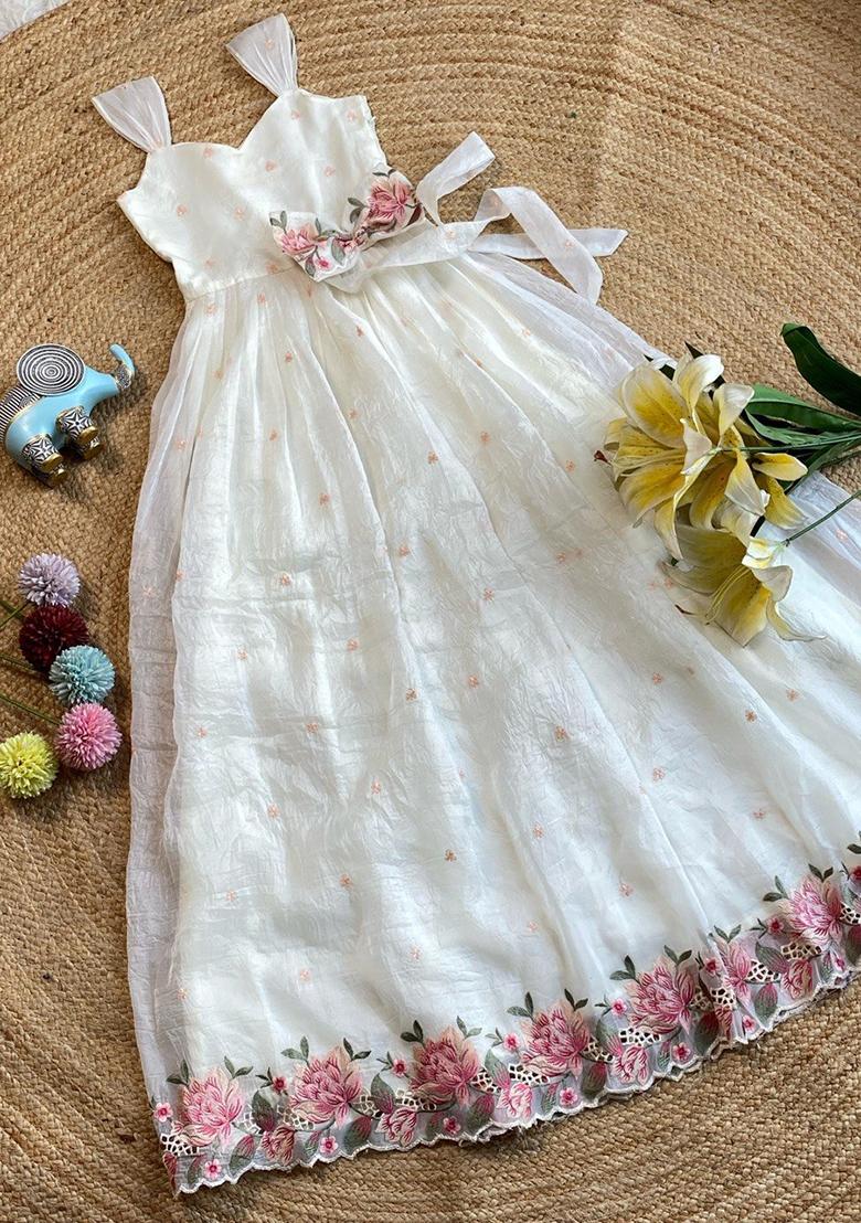 White Embroidered Silk Gown For Girls - Indya