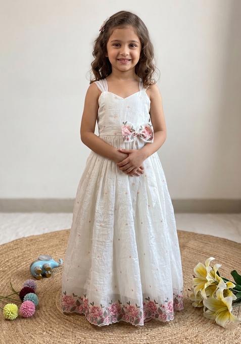 White Embroidered Silk Gown For Girls