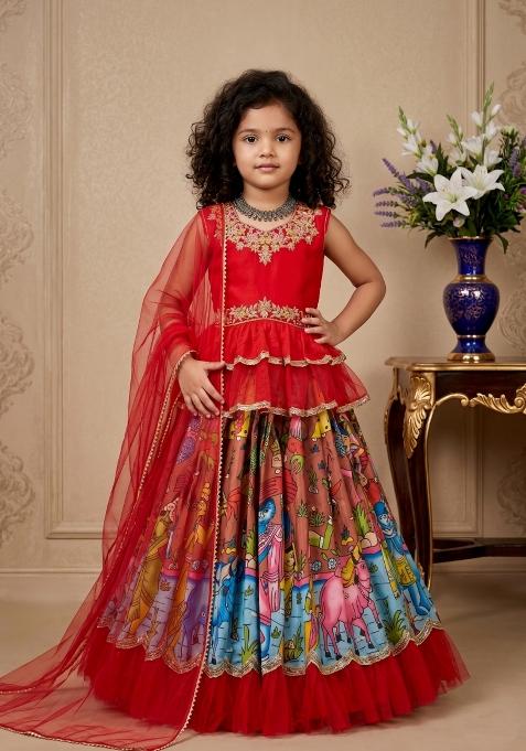 Multicolor Embroidered Silk Lehenga Set For Girls
