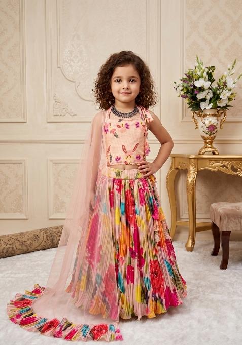 Multicolor Printed Silk Lehenga Set For Girls