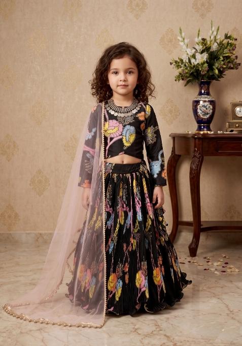 Black Printed Silk Lehenga Set For Girls
