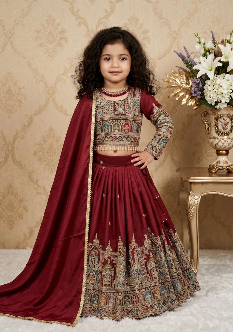 Maroon Embroidered Vichitra Lehenga Set For Girls - Indya
