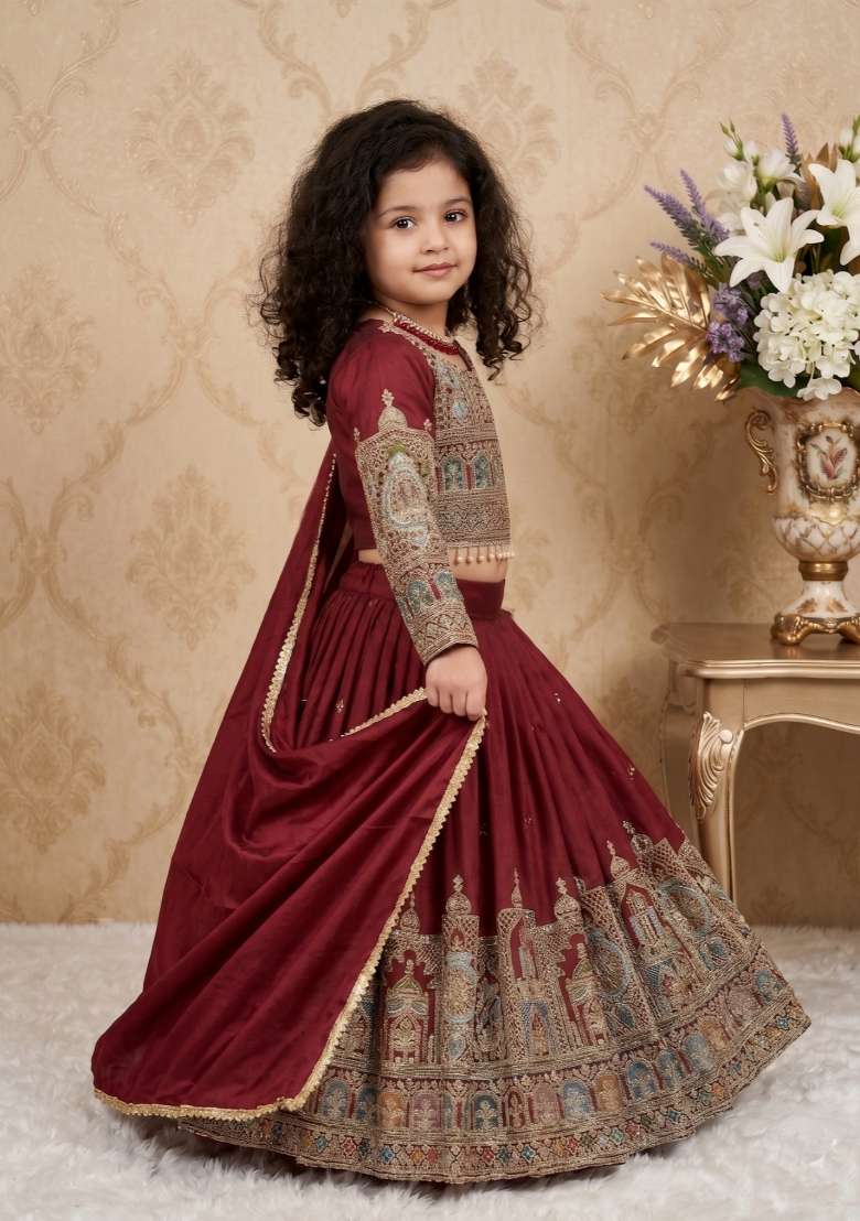 Maroon Embroidered Vichitra Lehenga Set For Girls - Indya