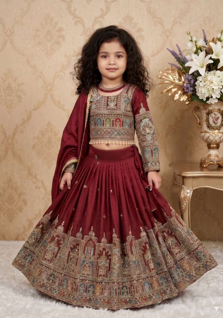 Maroon Embroidered Vichitra Lehenga Set For Girls - Indya
