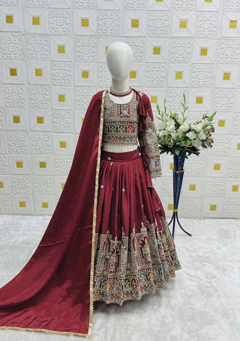 Maroon Embroidered Vichitra Lehenga Set For Girls - Indya
