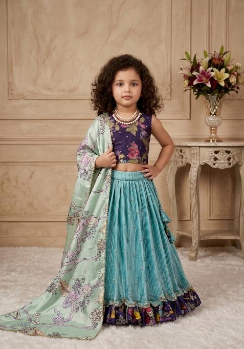 Sky Blue Embroidered Silk Lehenga Set For Girls