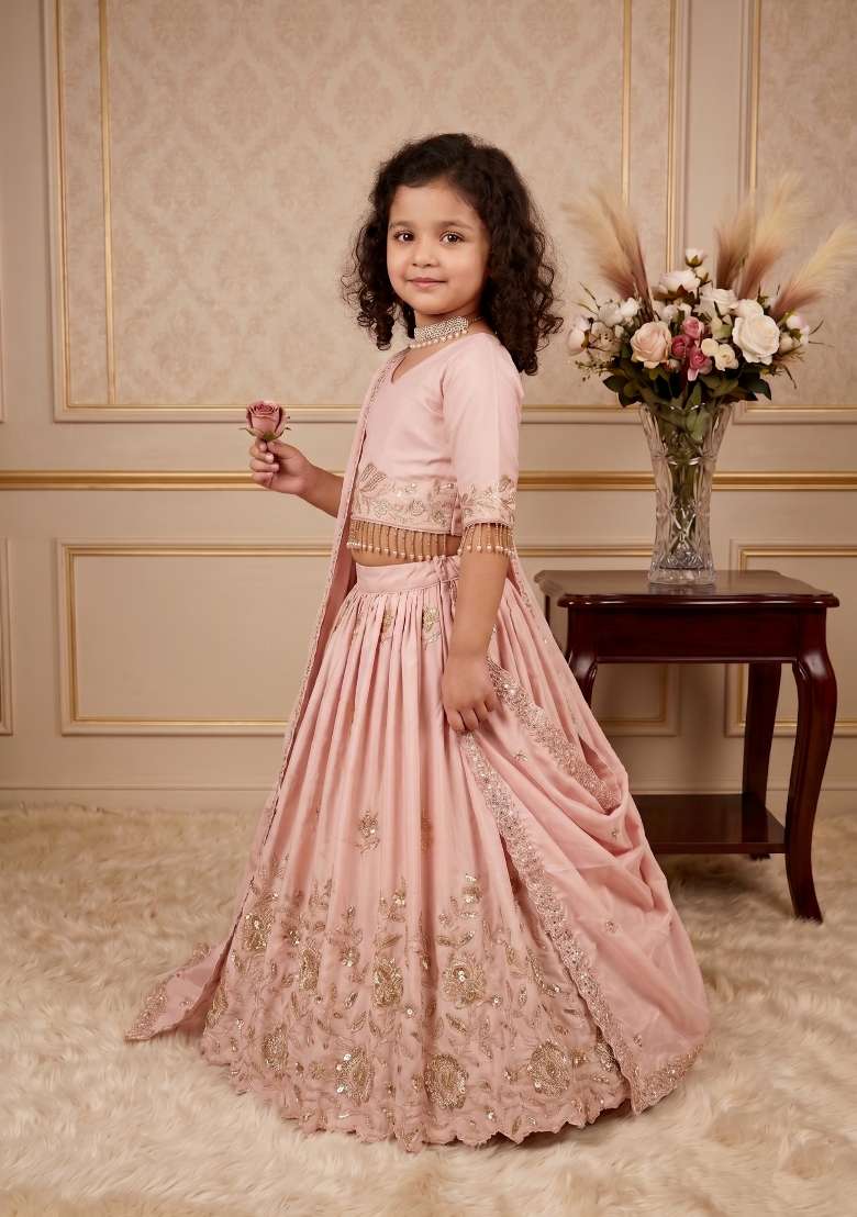 Light Pink Embroidered Crepe Lehenga Set For Girls - Indya