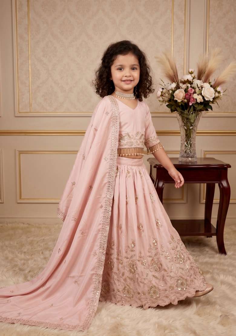 Light Pink Embroidered Crepe Lehenga Set For Girls - Indya