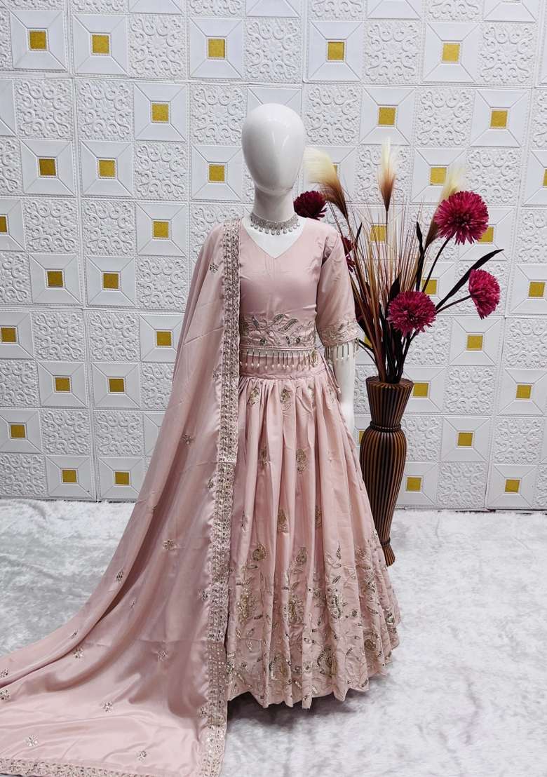 Light Pink Embroidered Crepe Lehenga Set For Girls - Indya