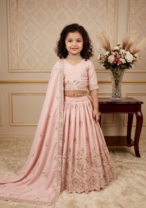 Light Pink Embroidered Crepe Lehenga Set For Girls