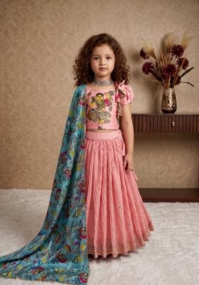 Pink Printed Silk Lehenga Set For Girls