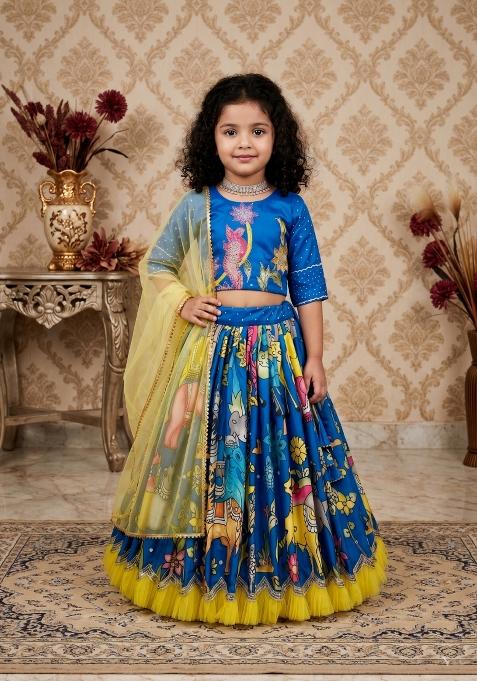 Blue Embroidered Silk Lehenga Set For Girls