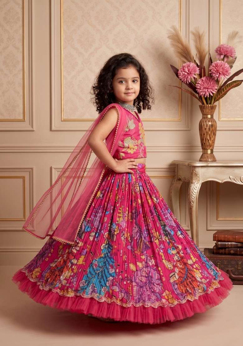 Pink Embroidered Crepe Lehenga Set For Girls - Indya