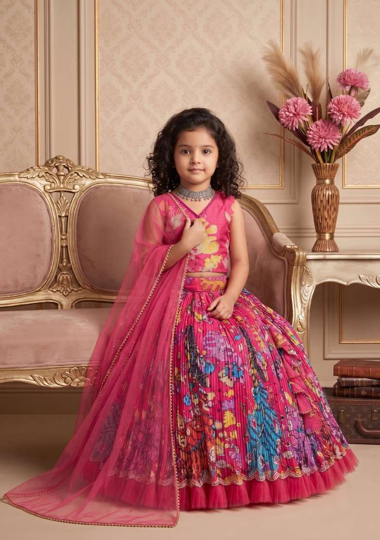 Pink Embroidered Crepe Lehenga Set For Girls - Indya