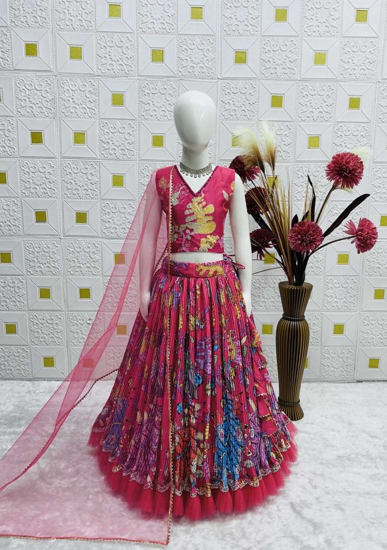Pink Embroidered Crepe Lehenga Set For Girls - Indya