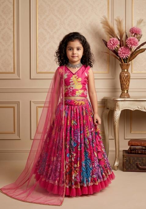 Pink Embroidered Crepe Lehenga Set For Girls