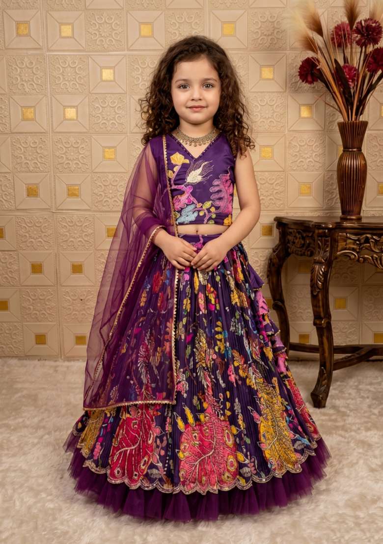 Purple Embroidered Crepe Lehenga Set For Girls - Indya