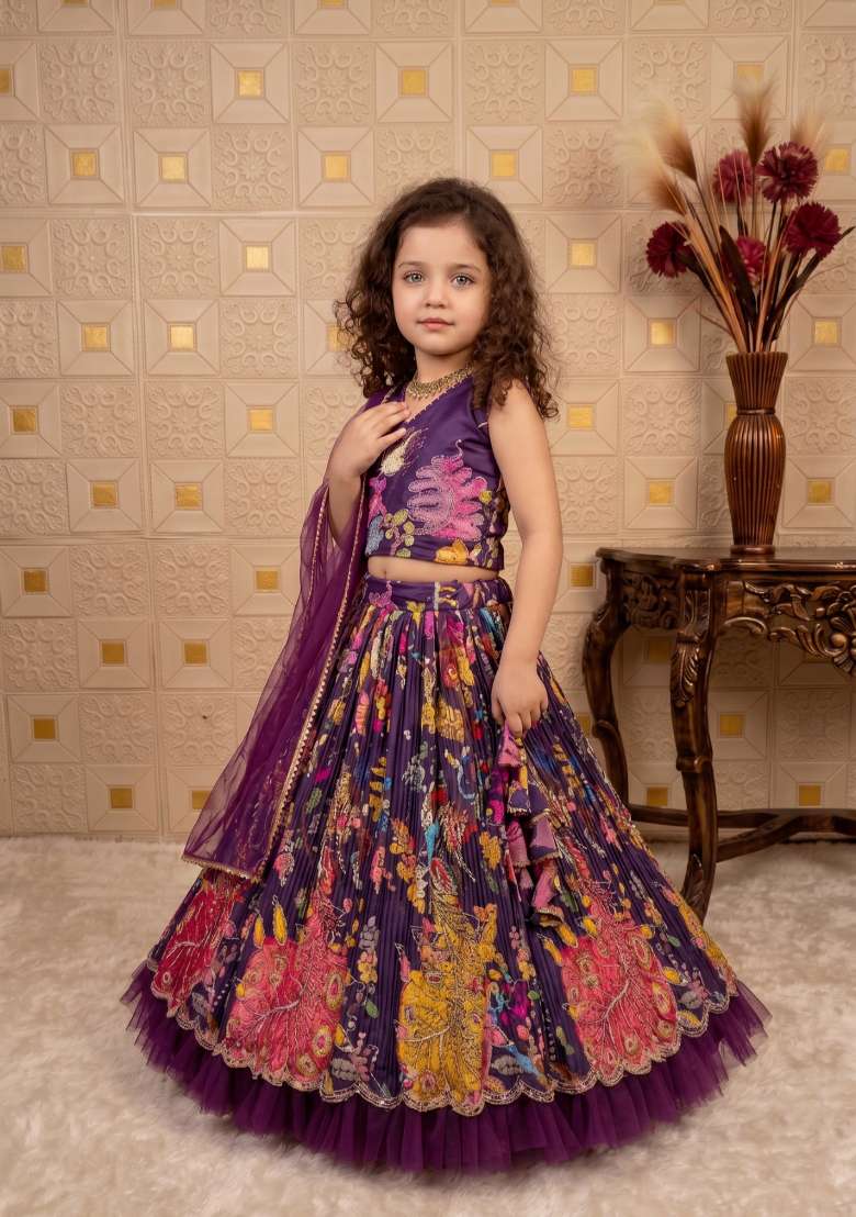 Purple Embroidered Crepe Lehenga Set For Girls - Indya