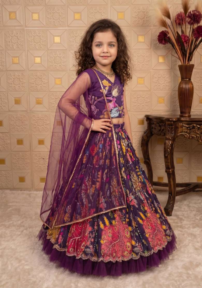 Purple Embroidered Crepe Lehenga Set For Girls - Indya