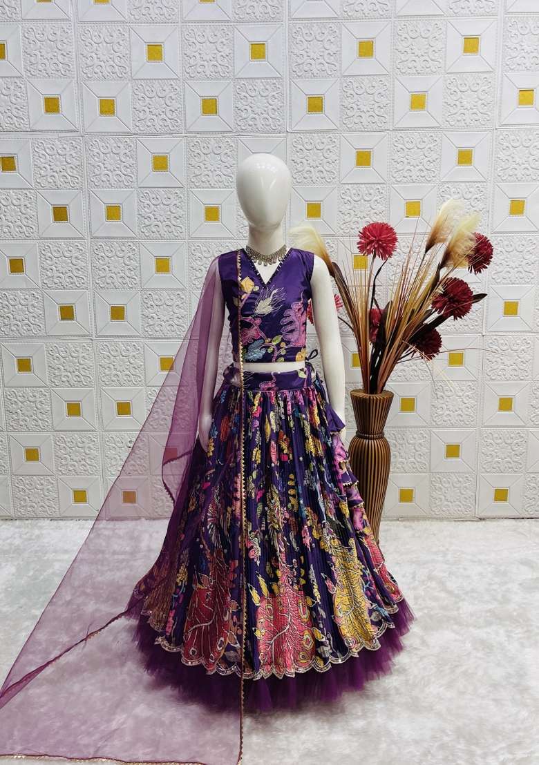 Purple Embroidered Crepe Lehenga Set For Girls - Indya