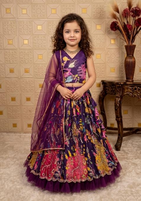 Purple Embroidered Crepe Lehenga Set For Girls