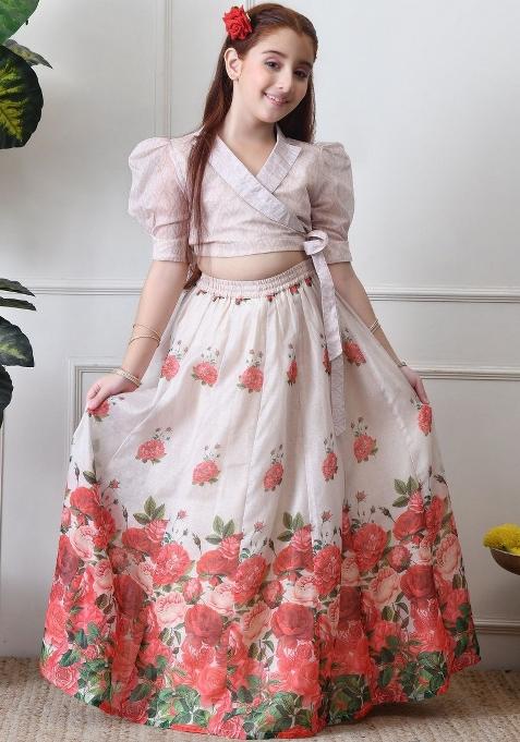 White Printed Organza Lehenga Set For Girls