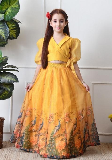 Yellow Printed Organza Lehenga Set For Girls