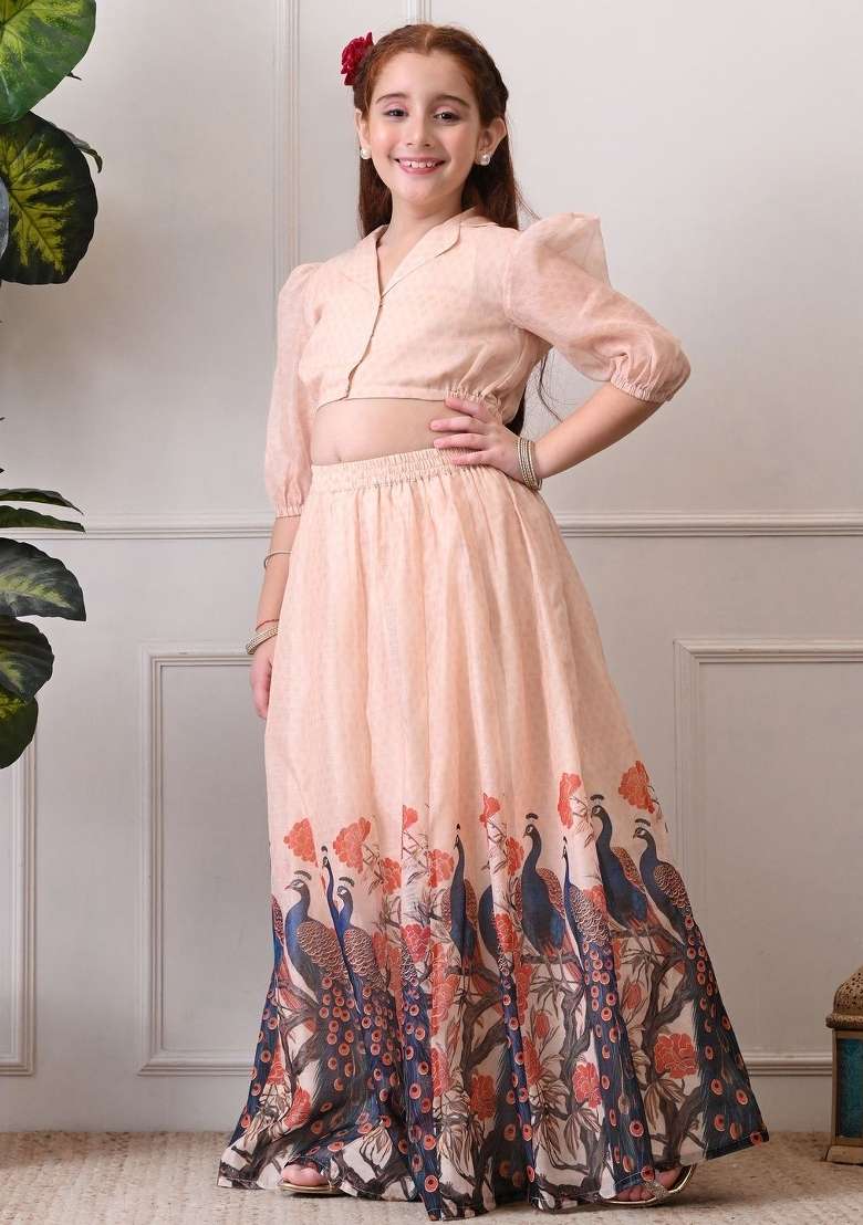 Peach Printed Silk Lehenga Set For Girls - Indya