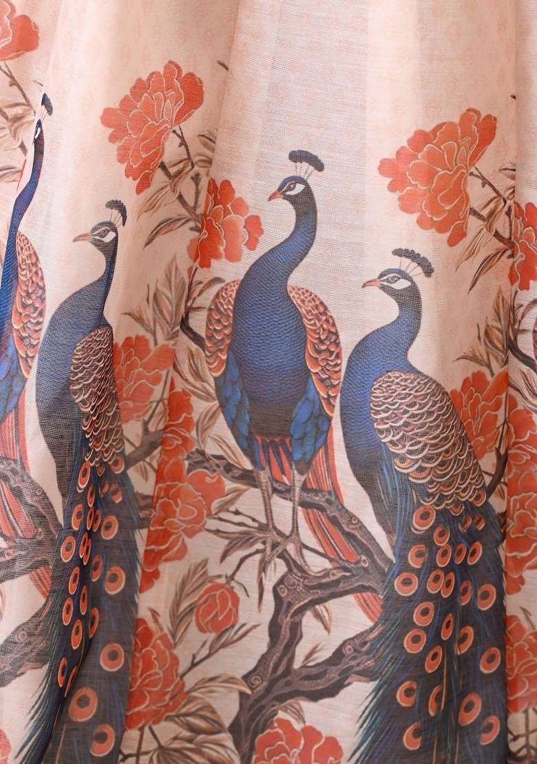 Peach Printed Silk Lehenga Set For Girls - Indya