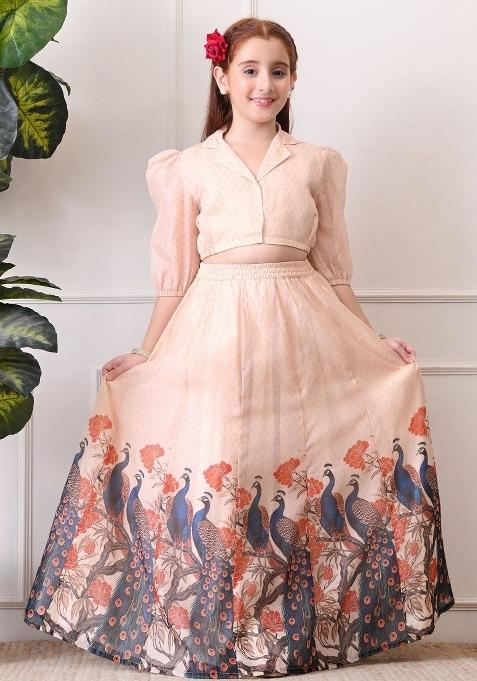 Peach Printed Silk Lehenga Set For Girls