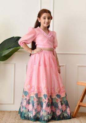 Pink Printed Organza Lehenga Set For Girls