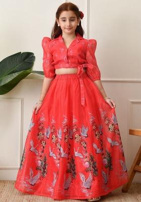 Red Printed Silk Lehenga Set For Girls