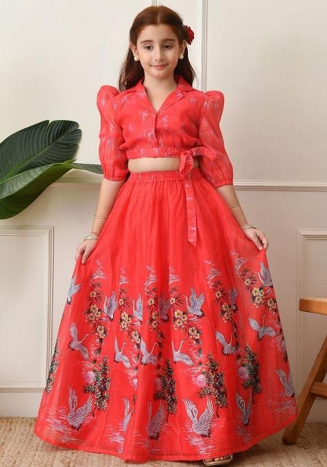 Red Printed Silk Lehenga Set For Girls