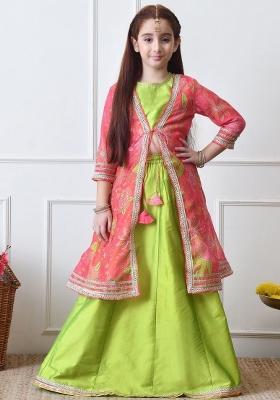 Green Solid Silk Lehenga Set For Girls