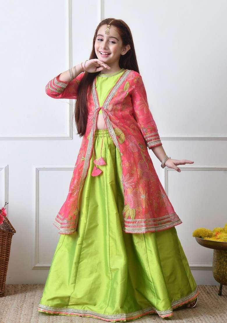 Green Solid Silk Lehenga Set For Girls - Indya