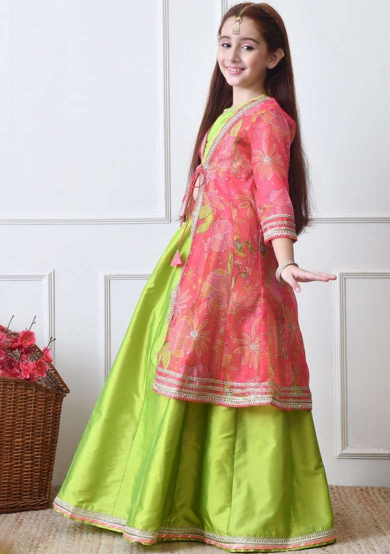 Green Solid Silk Lehenga Set For Girls - Indya