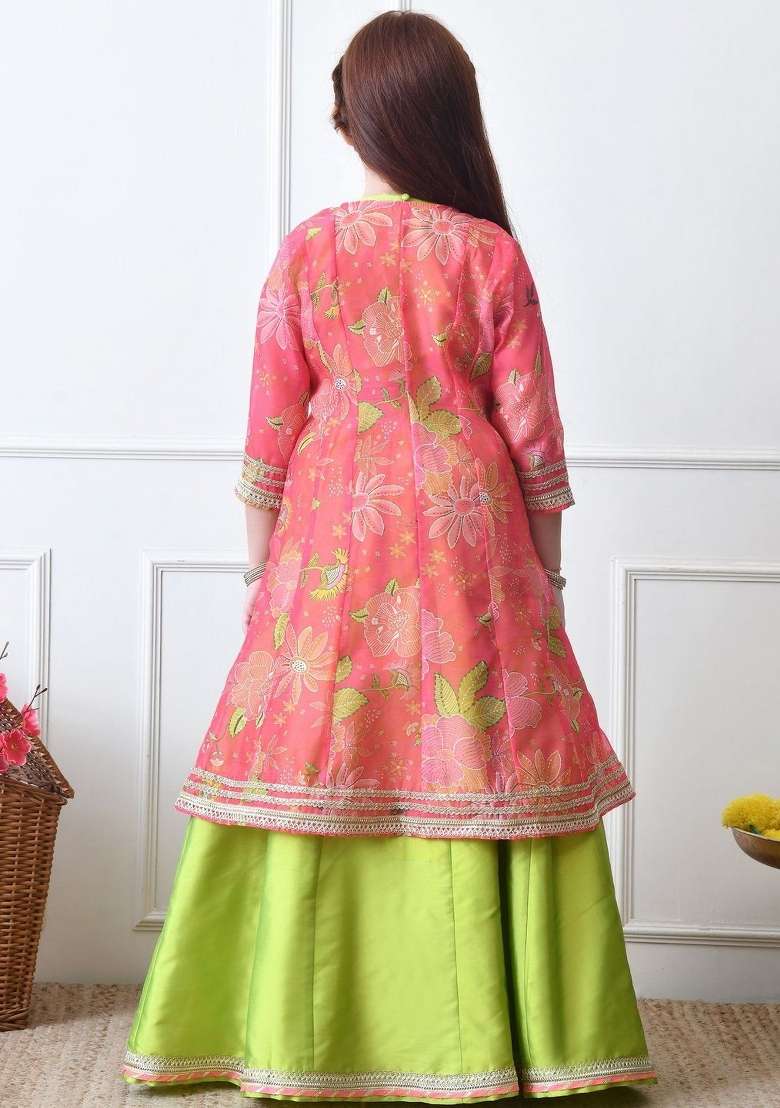 Green Solid Silk Lehenga Set For Girls - Indya