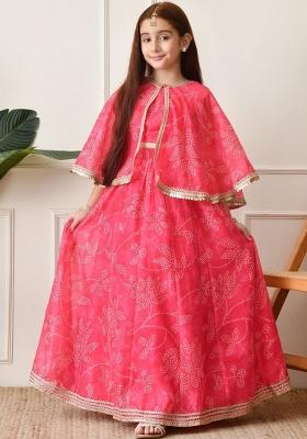 Pink Printed Silk Lehenga Set For Girls