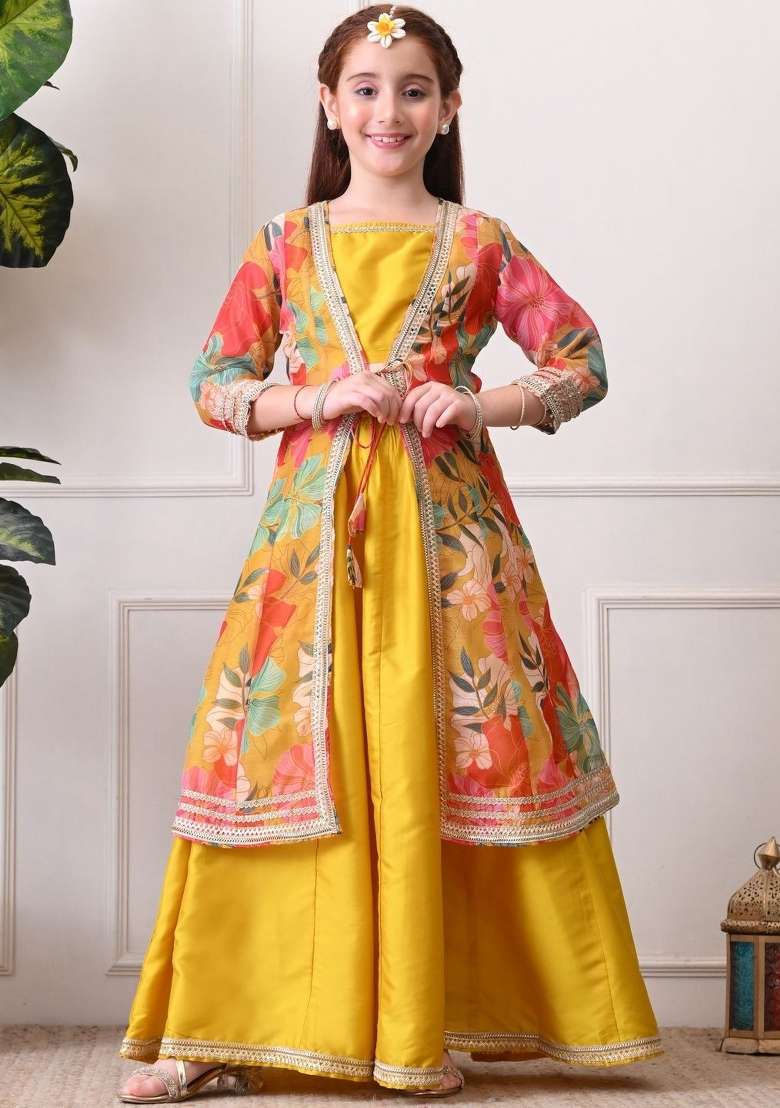 Yellow Solid Silk Lehenga Set For Girls - Indya