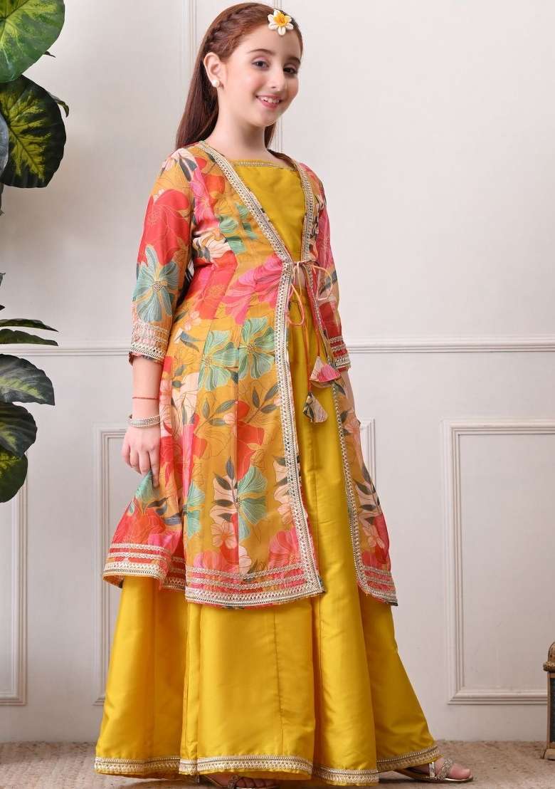 Yellow Solid Silk Lehenga Set For Girls - Indya