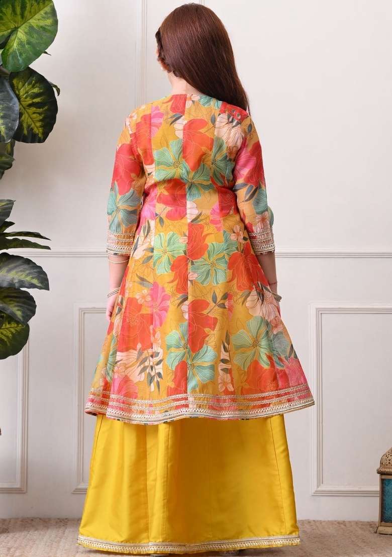Yellow Solid Silk Lehenga Set For Girls - Indya