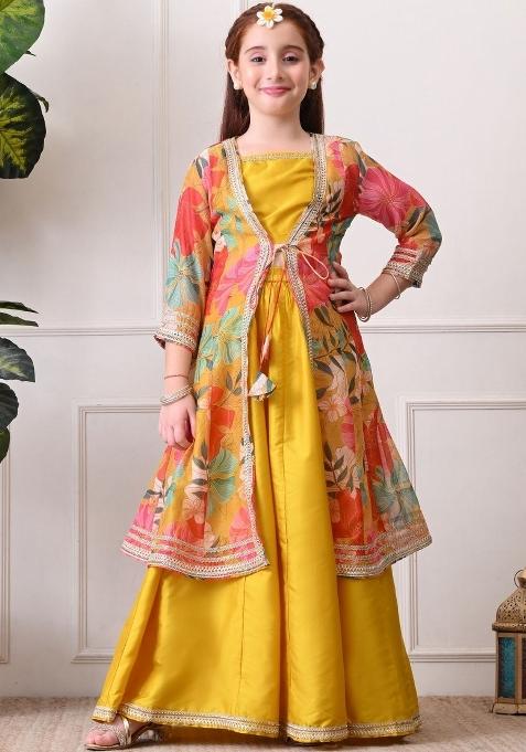 Yellow Solid Silk Lehenga Set For Girls