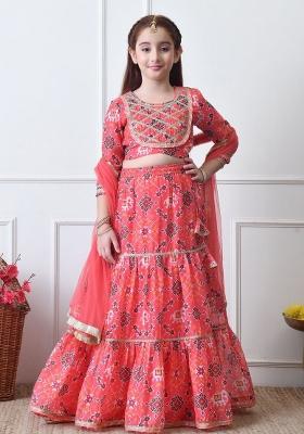 Red Printed Silk Lehenga Set For Girls
