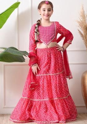 Red Printed Georgette Lehenga Set For Girls