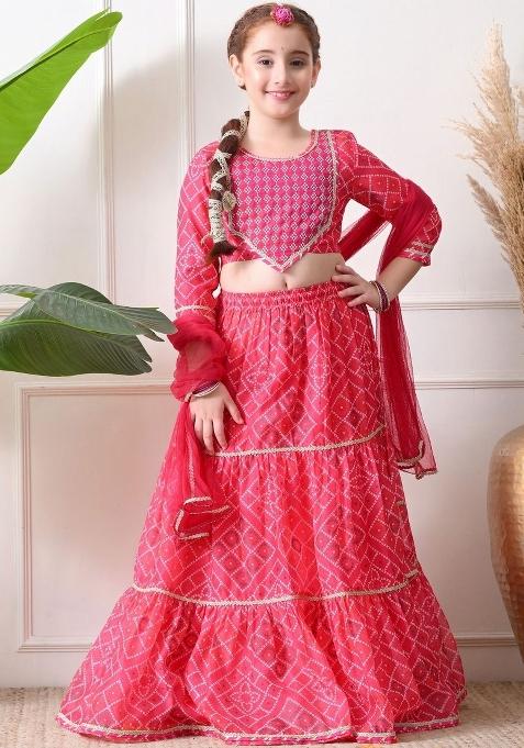 Red Printed Georgette Lehenga Set For Girls