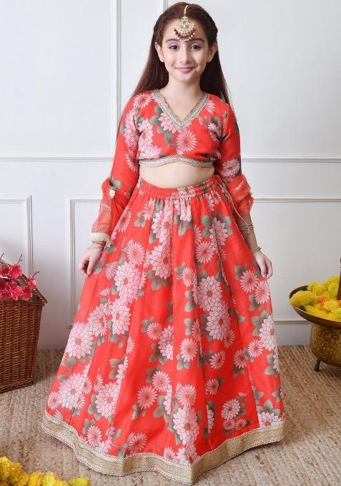 Red Floral Georgette Lehenga Set For Girls