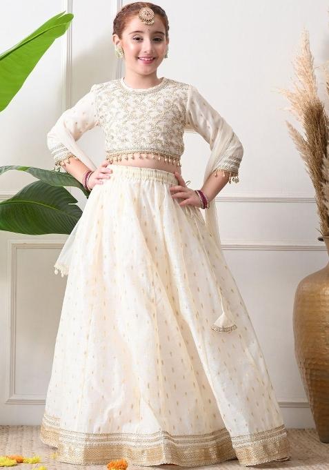 Off White Woven Design Organza Lehenga Set For Girls